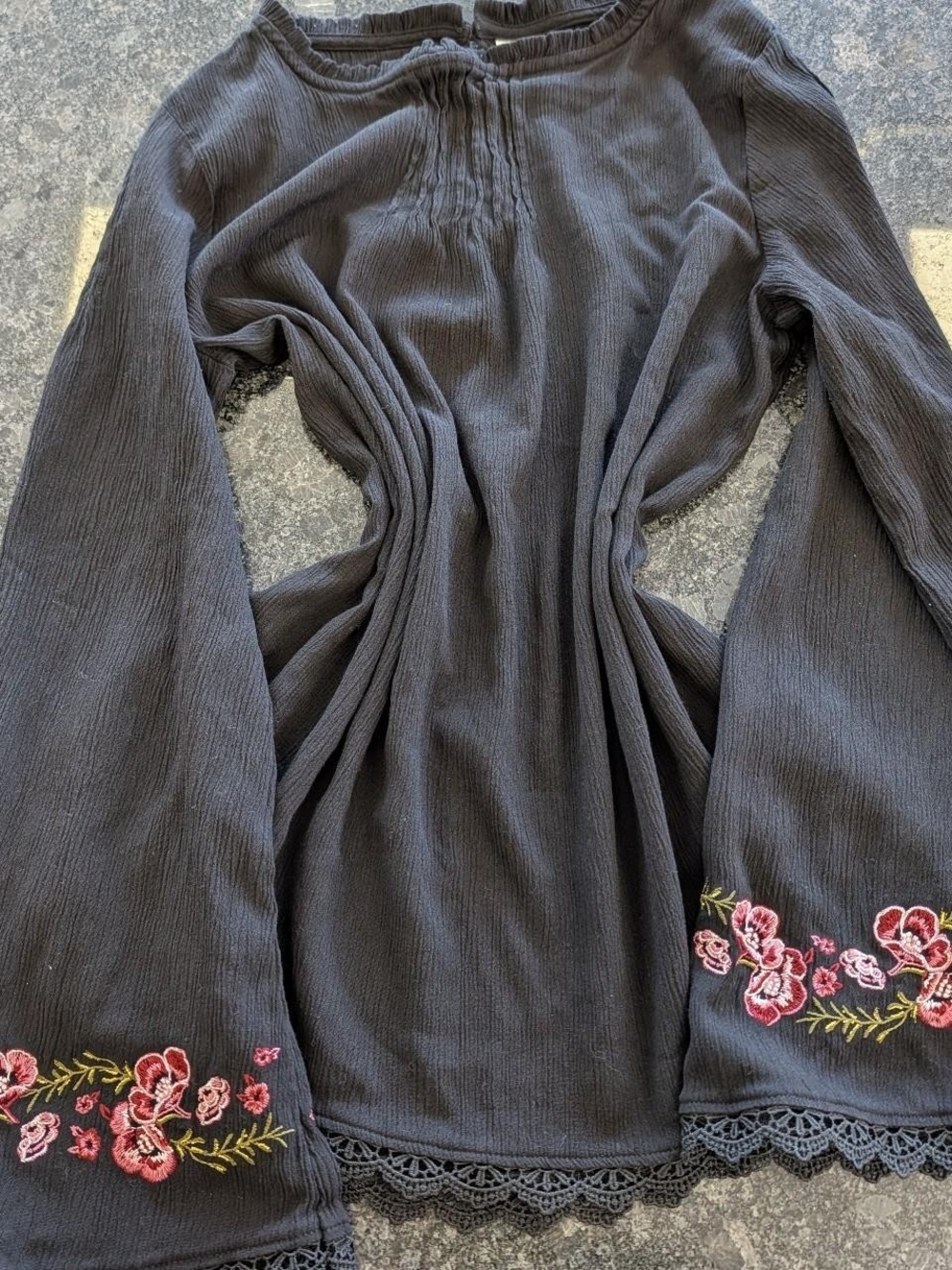 Black Long Sleeve with Pink Floral Embroidery